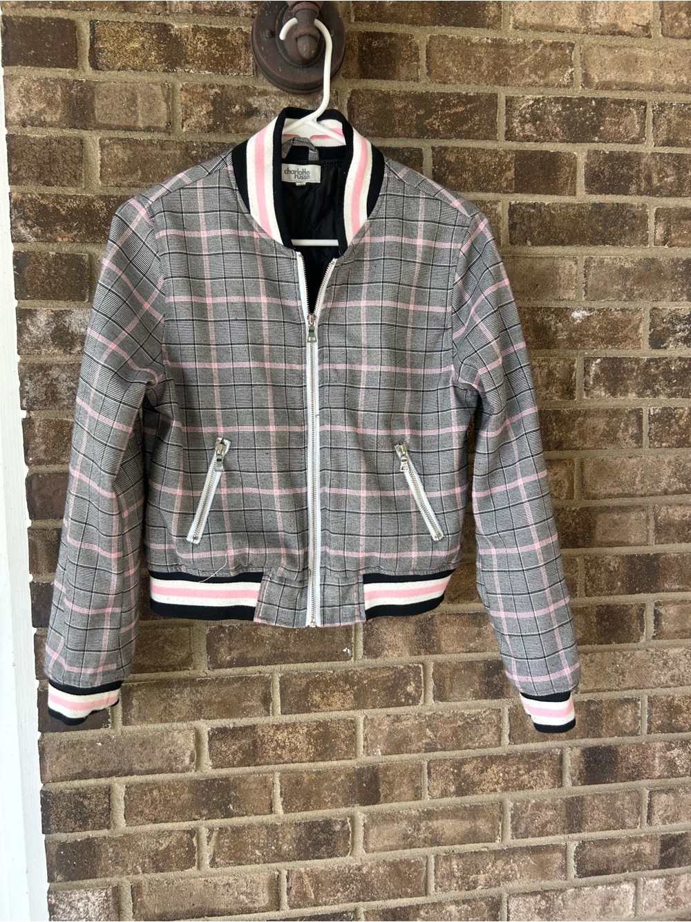 Vintage Clueless Charlotte Russe Plaid Bomber Jacket Gray Pink Cropped Y2K Small